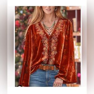 Sundance Embroidered boho burnout Velvet Bell Sleeve top xs Lark Silk blend